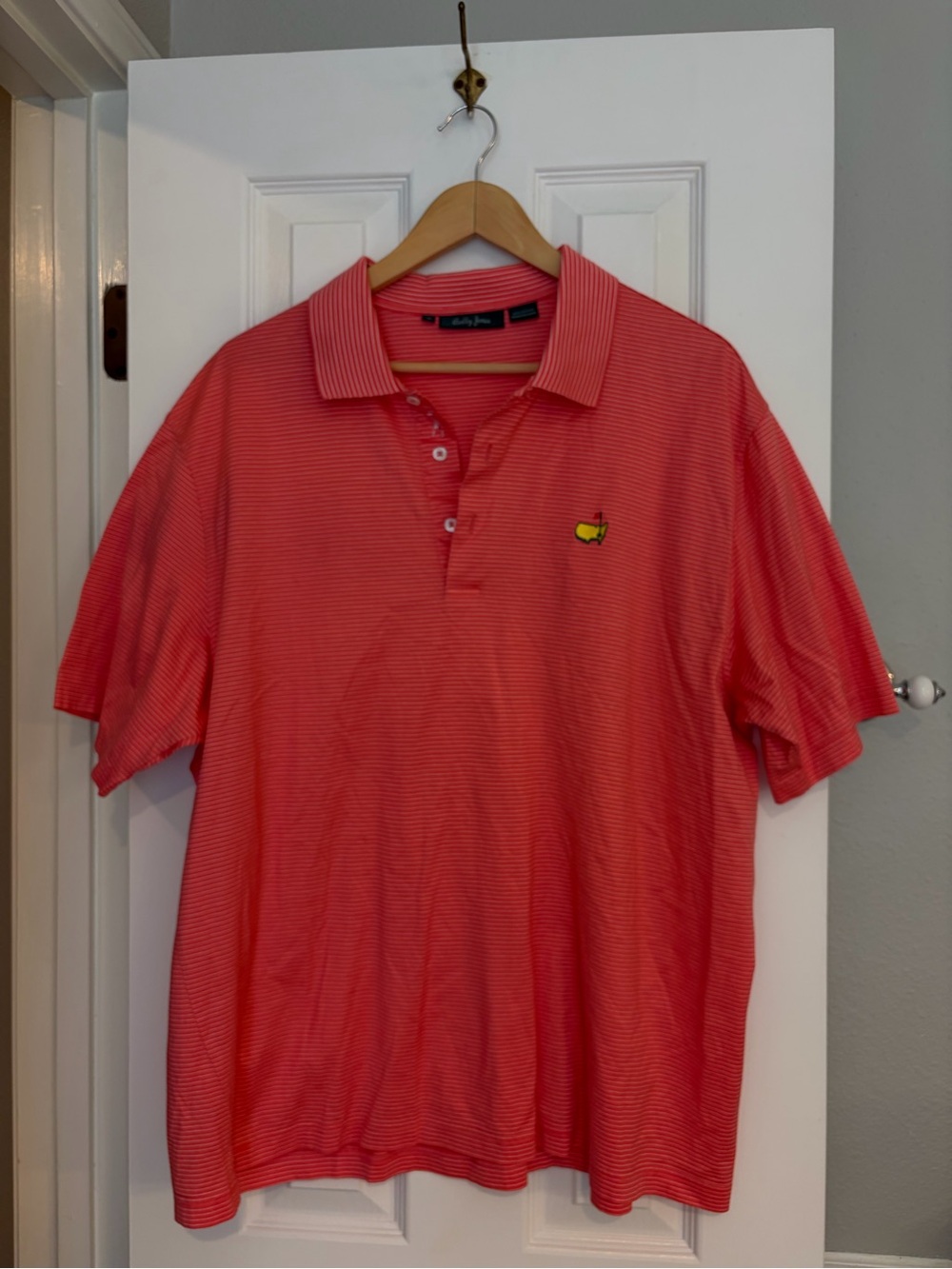 Bobby Jones Men’s Polo Salmon White Stripe Cotton Masters Golf Embroidered XL
